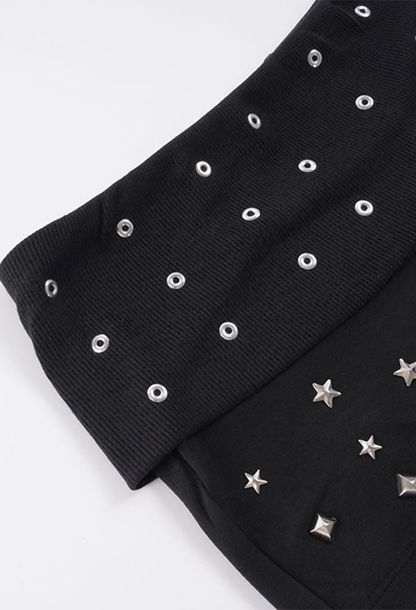 Gothic Black Studded Knit Shorts Retro Y2K Style Eyelet and Star Low-Rise Shorts